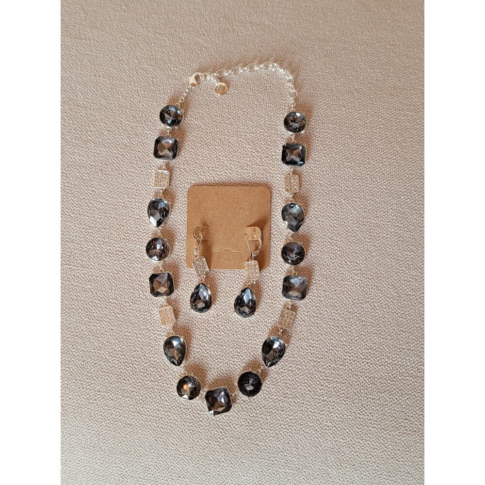 Faceted Crystal Statement Necklace & Drop Earring Set – Silver Tone